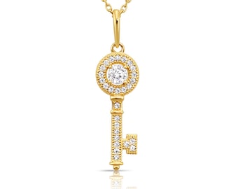 Solid 14K Yellow Gold Key Pendant Necklace, CZ Key Shape Pendant, Dainty Cable Chain Necklace, Handmade With Love, By TILO Jewelry