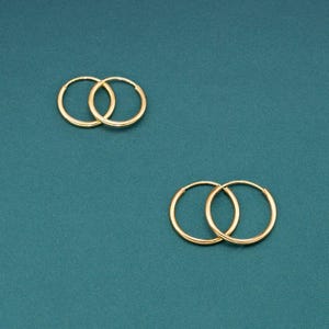 14K Yellow Gold Endless Hoops, Essential Minimalist Style Solid Gold Round Earrings, Handmade 1mm Thin Seamless Design, Gift Bundle Set