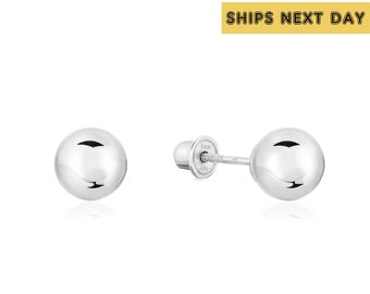 14k White Gold Ball Earrings, Solid 14K Gold Ball Studs with Secure Screwbacks, Everyday Classic Jewelry for Women and Children