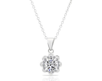 Sterling Silver Flower Solitaire Necklace with Simulated Diamond Cz