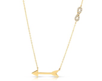 14K Solid Yellow Gold Infinity and Arrow Necklace with Cubic Zircona Stones (Adjustable)