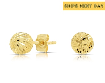 14k Yellow Gold Ball Stud Earrings with Spiral Engraving, Pushback sleeper studs, By TILO Jewelry