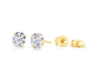 10K Solid Yellow Gold Basket Set Round CZ Stud Earrings, Push back Cz Studs, Sleeper Cz Studs, Unisex