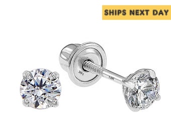 14k Solid White Gold Basket Set Round CZ Stud Earrings, Screw back Cz Studs, Sleeper Cz Studs, Unisex