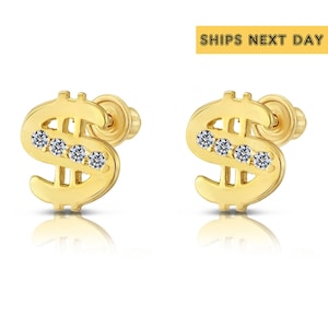 Aretes pequeños con símbolo de dólar y cierre de rosca en oro amarillo de 10 quilates.