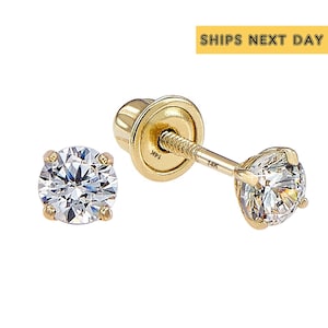 14k Solid Yellow Gold Basket Set Round CZ Stud Earrings, Screw back Cz Studs, Sleeper Cz Studs, Unisex