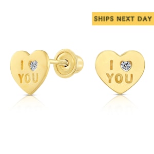 Puces d'oreilles en or jaune 10 carats, petit coeur mignon, je t'aime avec diamant simulé et fond vissé sécurisé