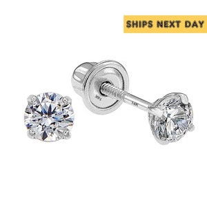 14k Solid White Gold Basket Set Round CZ Stud Earrings, Screw back Cz Studs, Sleeper Cz Studs, Unisex