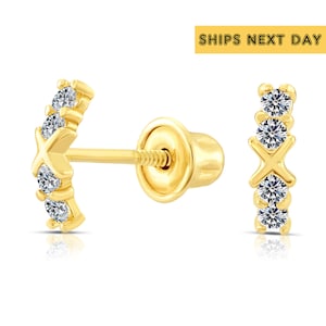 10k Yellow Gold Tiny Cute XO Hugs and Kisses Stud Earrings with Simulated Diamond and Secure Screw-Backs