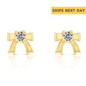 10k Yellow Gold Tiny Cute Bow Stud Earrings with Simulated Diamond and Secure Screw-Backs