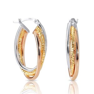 Sterling Silver Tricolor Hoop Earrings, Spiral Design Oval Shape Hoops, Fine Jewelry for Women