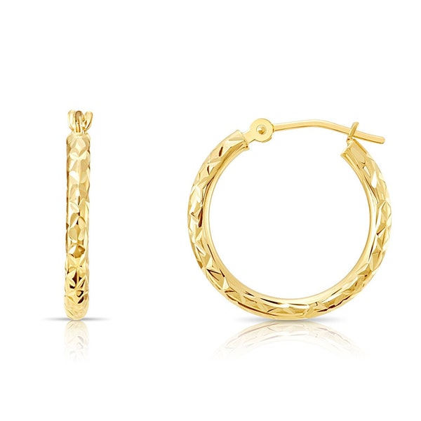 14K Yellow Gold Diamond-cut Round Hoop Earrings, Hand Engraved X Diamond-cut Round Hoop Earrings, Small Medium Large Hoops