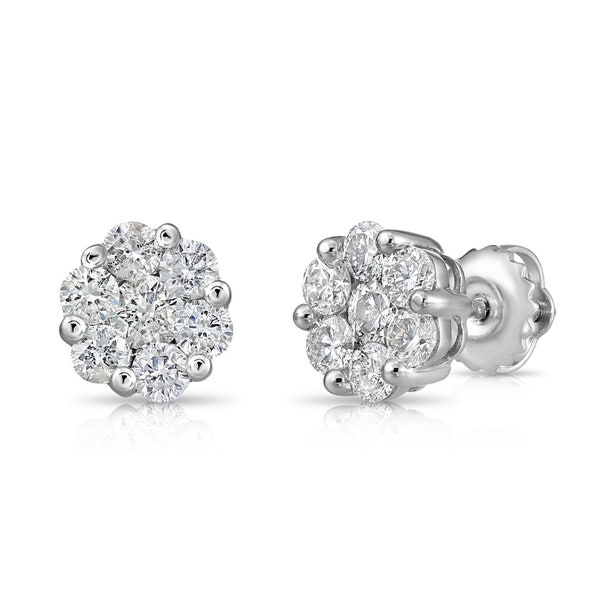 14K Diamond Cluster Stud Earrings in 14K White Gold and Natural Diamonds, Unisex Screw-back Studs, 0.25 0.50 0.75 and 1 Carat Sizes