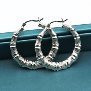 Bamboo Texture Round Hoop Earrings in 925 Real Sterling Silver, Silver Hoops, Bamboo Earrings, Door Knocker Hoops, All Sizes Available