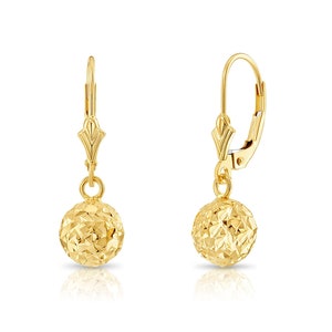 14k Yellow Gold Ball Earrings, Dangling Diamond-cut Round Balls, Leverback Drop Earrings for Women, Made & Designed By TILO Jewelry