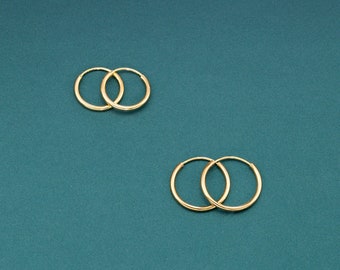 14K Yellow Gold Endless Hoops, Essential Minimalist Style Solid Gold Round Earrings, Handmade 1mm Thin Seamless Design