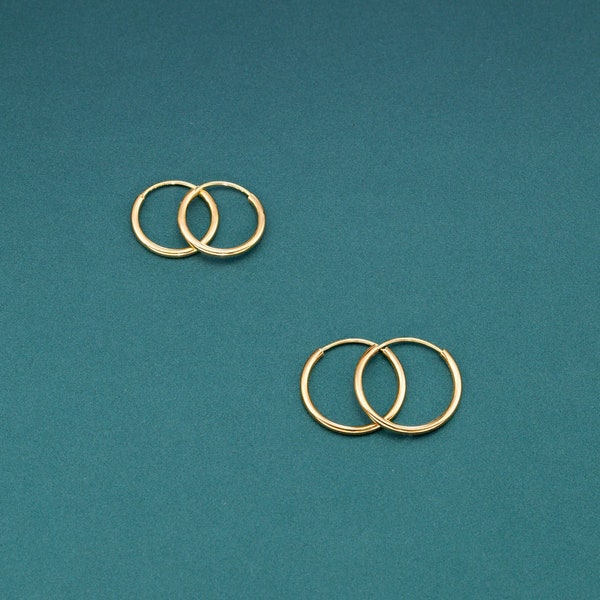 14K Yellow Gold Endless Hoops, Essential Minimalist Style Solid Gold Round Earrings, Handmade 1mm Thin Seamless Design