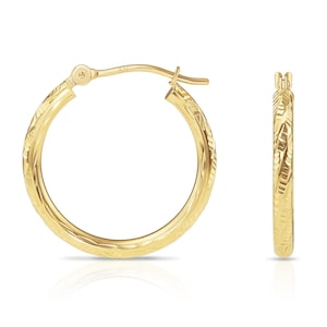 14K Gelbgold Tornado Creolen, TILO Spezielle handgravierte Diamantschnitt-Designer-Creolen, alle Größen erhältlich, Made in NYC