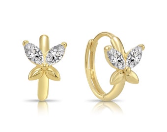 Solid 14K Yellow Gold Butterfly Huggie Hoop Earrings, Elegant Design Marquise-Cut CZ Huggie Hoops, 12mm, Handmade With Love By TILO Jewelry