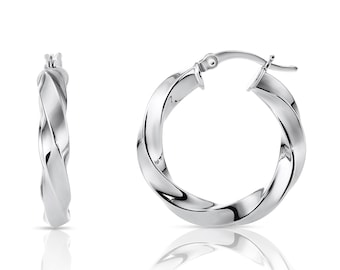 Shiny Twisted Hoop Earrings in Sterling Silver, Medium Size 1 inch Hoops, Fine Jewelry for Women