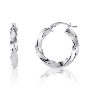 Shiny Twisted Hoop Earrings in Sterling Silver, Medium Size 1 inch Hoops, Fine Jewelry for Women