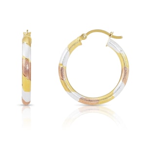 Sterling Silver Tricolor Hoop Earrings, Round Three Tone Textured Finish Diamond Cut Sparkle Hoops, 1 inch