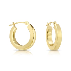 May include: A pair of gold hoop earrings with a thick, flat design. The earrings have a hinged closure.
