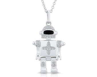 Sterling Silver Robot Pendant Necklace, Cubic Zirconia Robot Charm Necklace, Gift For Her