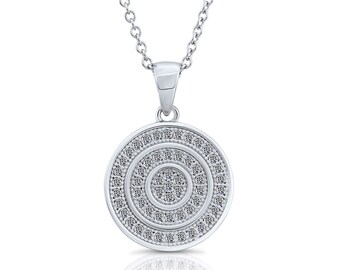 Sterling Silver Round Pendant, Ripple Necklace with Cubic Zirconia