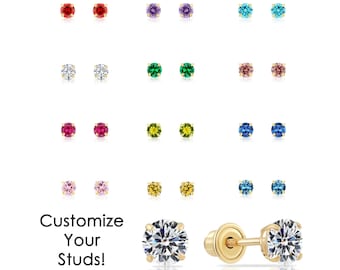 14k Gold Birthstone Stud Earrings, Sleeper Screw back CZ Studs, 2.5mm 3mm 4mm 5mm