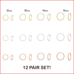 Set of 12! 925 Sterling Silver Gold Tone Plated Endless Hoop Earrings, Nose and Cartilage Jewelry (10mm, 12mm, 14mm, 16mm)