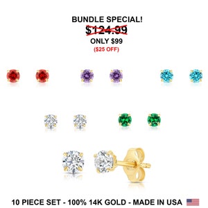 5 Color Set! 14k Solid Yellow Gold CZ Stud Earrings, Pushback Sleeper Studs, 3mm