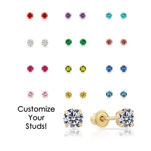 14k Gold Birthstone Stud Earrings, Sleeper Screw back CZ Studs, 2.5mm 3mm 4mm 5mm, All Birthstone Gemstones Available, By TILO Jewelry