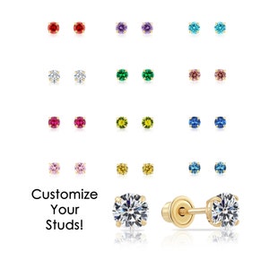 14k Gold Birthstone Stud Earrings, Sleeper Screw back CZ Studs, 2.5mm 3mm 4mm 5mm