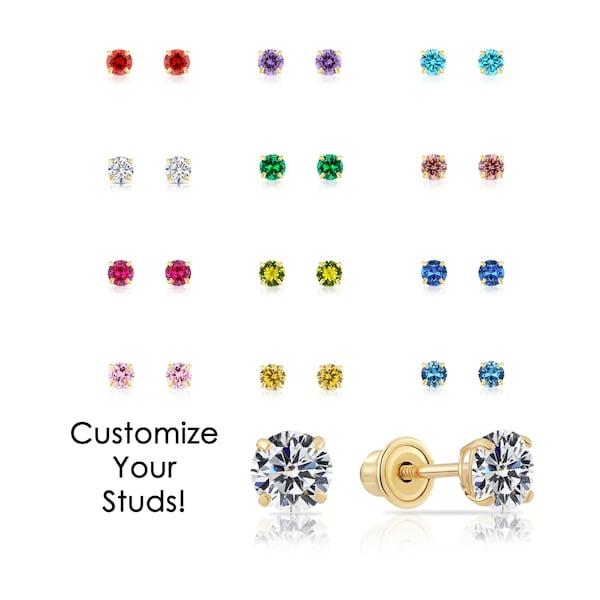 14k Gold Birthstone Stud Earrings, Sleeper Screw back CZ Studs, 2.5mm 3mm 4mm 5mm