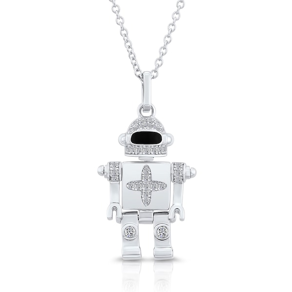 Sterling Silver Robot Pendant Necklace, Cubic Zirconia Robot Charm Necklace, Gift For Her