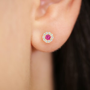 May include: Gold stud earrings with a pink gemstone surrounded by smaller clear gemstones.