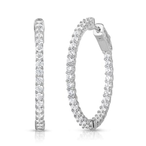 Sterling Silver Hoop Earrings, Inside outside Hoops with CZ Stones, Round and Oval Shape Available