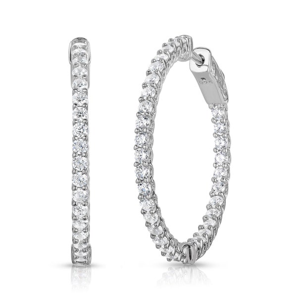 Sterling Silver Hoop Earrings, Inside outside Hoops with Cz Stones, Round and Oval Shape Available