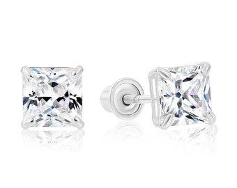 14k White Gold Square CZ Stud Earrings, Screw back Sleeper, Unisex