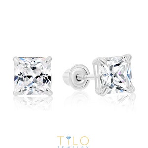 14k White Gold Square CZ Stud Earrings, Screw back Sleeper, Unisex