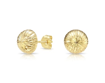 14K Gold Sparkle Ball Earrings, Diamond-Cut Half Round Stud Earrings, Solid Gold Secure Butterfly Pushbacks, 3mm - 8mm, By TILO