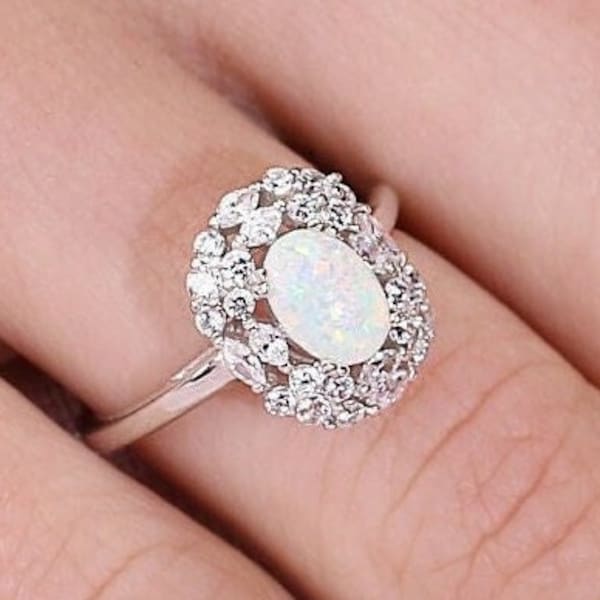 Opal Ring, Sterling Silver Fire Opal Oval Ring, Elegant Simulated Diamond Ring, CZ Engagement Ring