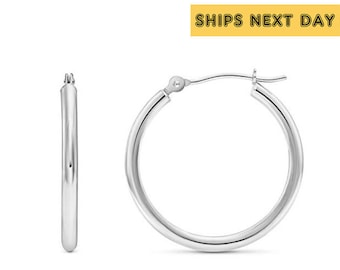 14K White Gold Round Hoop Earrings, Solid 14K Gold Hoops with a Classic Polished Finish, Available in all sizes and Handmade in the USA