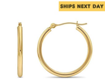 Solid 14K Gold Hoop Earrings, 14K Yellow Gold Hoops with a Classic Shiny Polished Finish, 20mm Medium Size Handmade in the USA