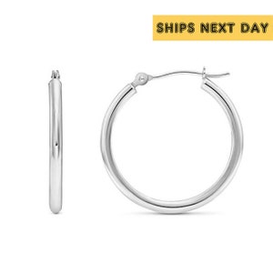 14K White Gold Round Hoop Earrings, Solid 14K Gold Hoops with a Classic Polished Finish, Available in all sizes and Handmade in the USA