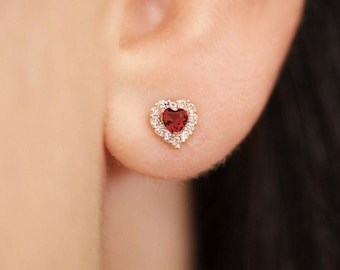 Halo Heart Birthstone Stud Earrings in 14k Solid Yellow Gold, Screw Back, Available in 12 colors
