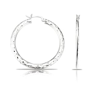 Round Hoop Earrings with Diamond cut in 925 Sterling Silver, 2mm thick