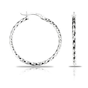 May include: A pair of silver hoop earrings featuring a twisted rope texture. The earrings are circular with a hinged post closure mechanism. The metal surface is polished and reflective, showing a clear metallic sheen throughout the design.