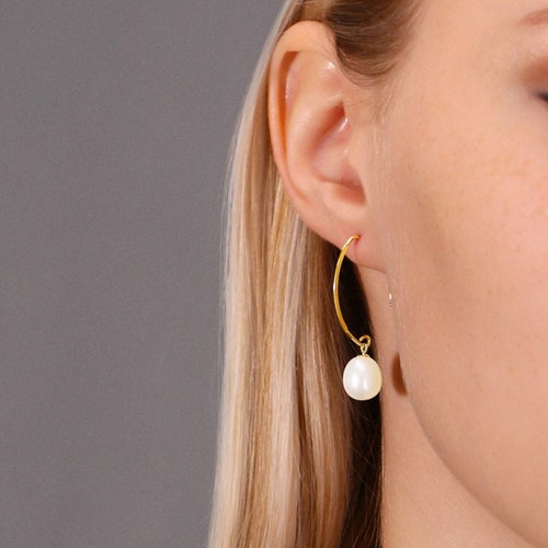 Boucles d'oreilles en or 14 carats avec perles d'eau douce, bijoux en fil d'oreille fine à crochet italien facile, perles d'eau douce naturelles, faites à la main par des bijoux TILO